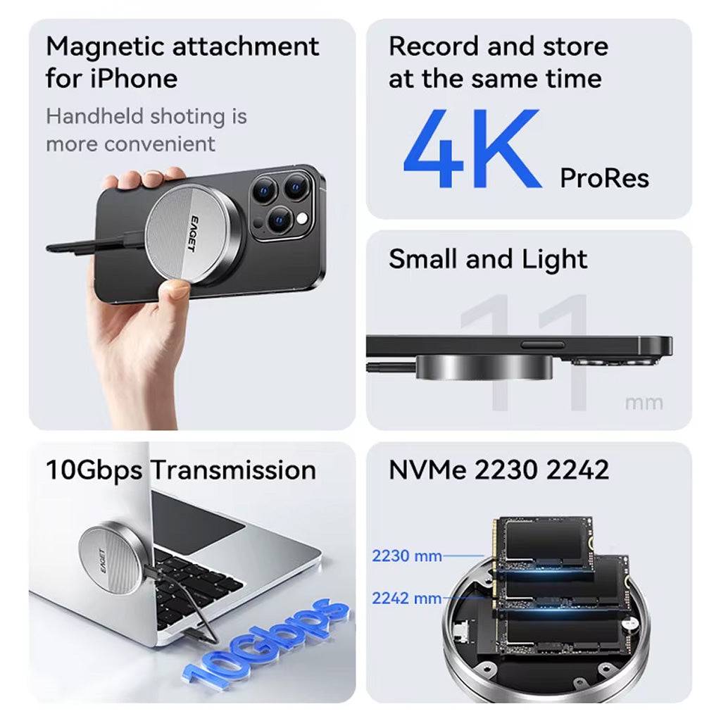 EAGET SE880 SSD Enclosure features magnetic iPhone attachment, 4K ProRes recording, 10Gbps speed, and NVMe 2230/2242 support.