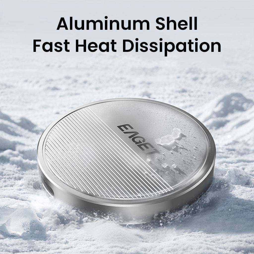 EAGET SE880 NVMe SSD Enclosure with aluminum shell for efficient heat dissipation, shown in cold environment for durability.