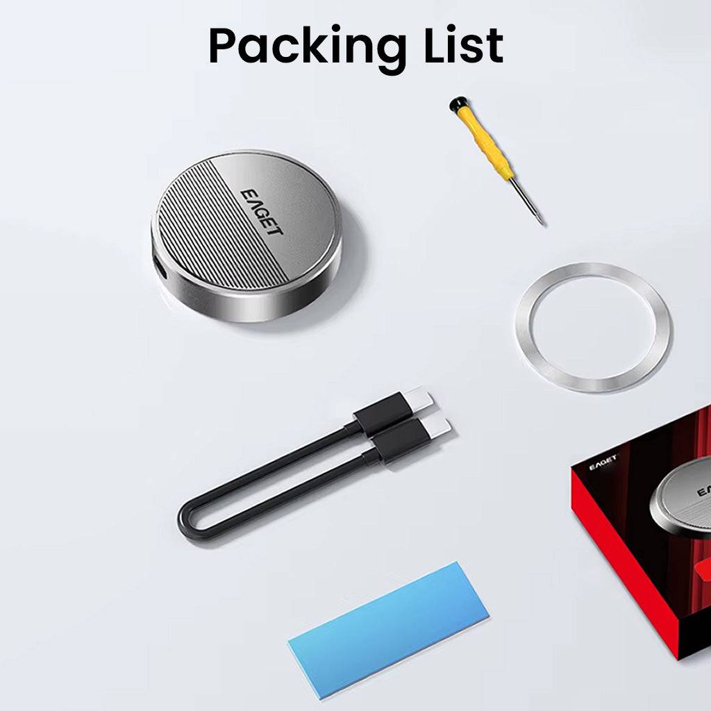 EAGET SE880 SSD Enclosure packaging includes USB-C cable, screwdriver, magnetic ring, thermal pad, and enclosure unit.