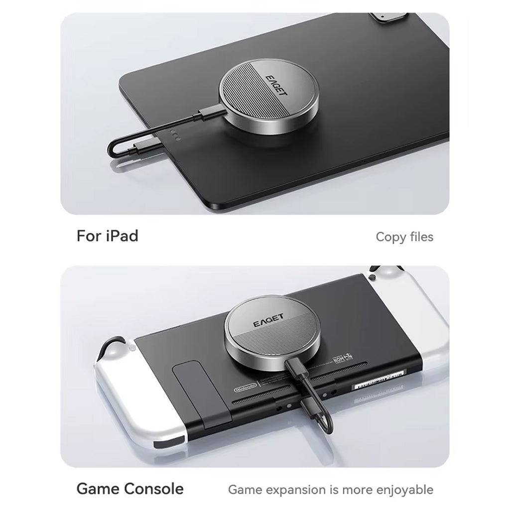 EAGET SE880 SSD Enclosure connected to iPad and game console, enabling file transfer and storage expansion for multiple devices.