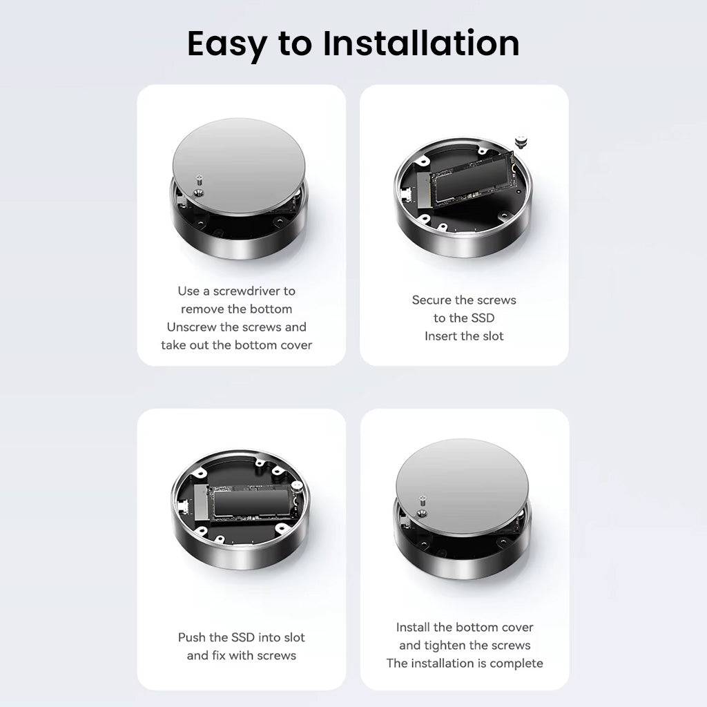 Step-by-step installation guide for EAGET SE880 SSD Enclosure showing how to insert and secure M.2 NVMe SSD.