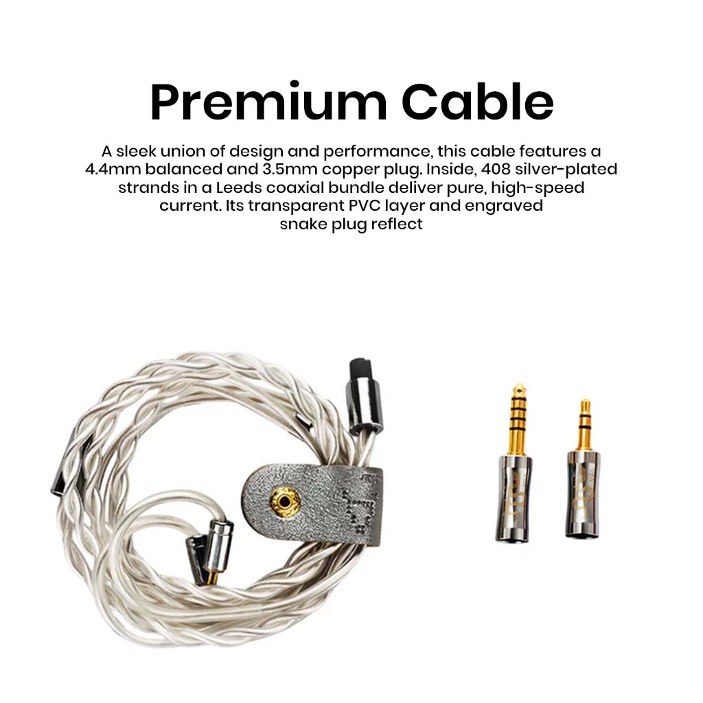 Premium cable for VSA MAX IEM with 4.4mm balanced and 3.5mm copper plug, featuring silver-plated Leeds coaxial strands for high-speed audio.