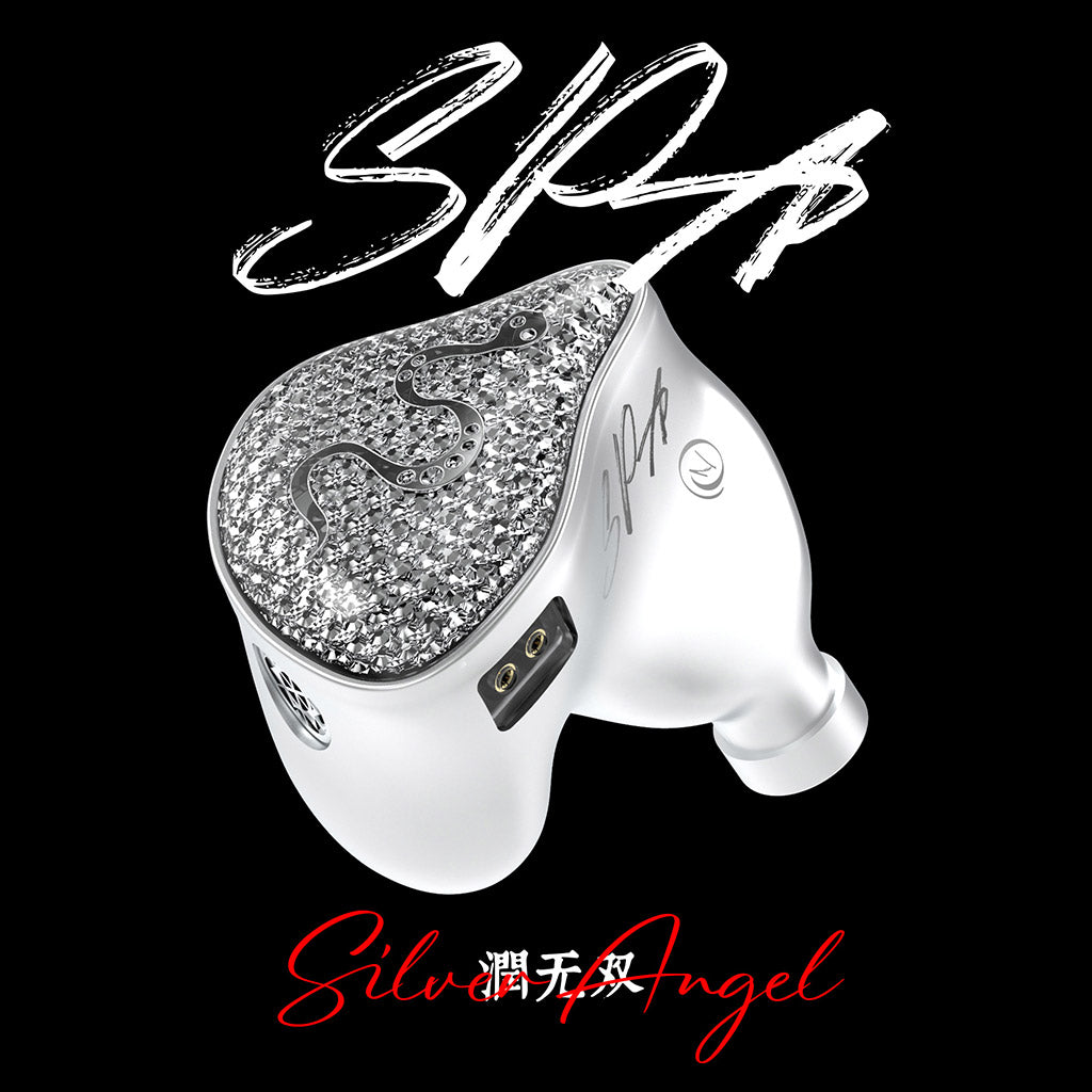 EarAcoustic Audio - SPA-Hi End Dynamic Driver IEM in silver with crystal-studded faceplate and ergonomic design for premium in-ear audio performance.