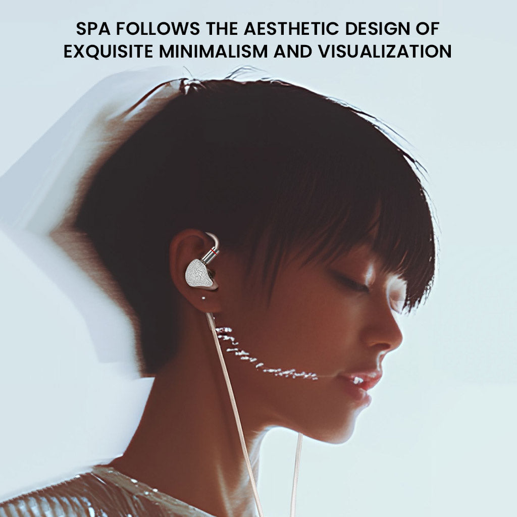 EarAcoustic Audio - SPA-Hi End Dynamic Driver IEM worn by a model, showcasing its sleek silver design and ergonomic fit for premium audio experience.
