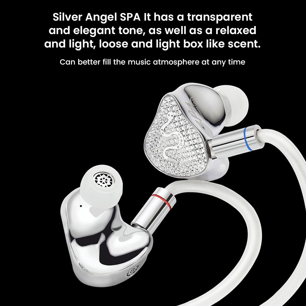EarAcoustic Audio - SPA-Hi End Dynamic Driver IEM with silver housing and crystal faceplate, featuring ergonomic design and detachable cable for premium audio.