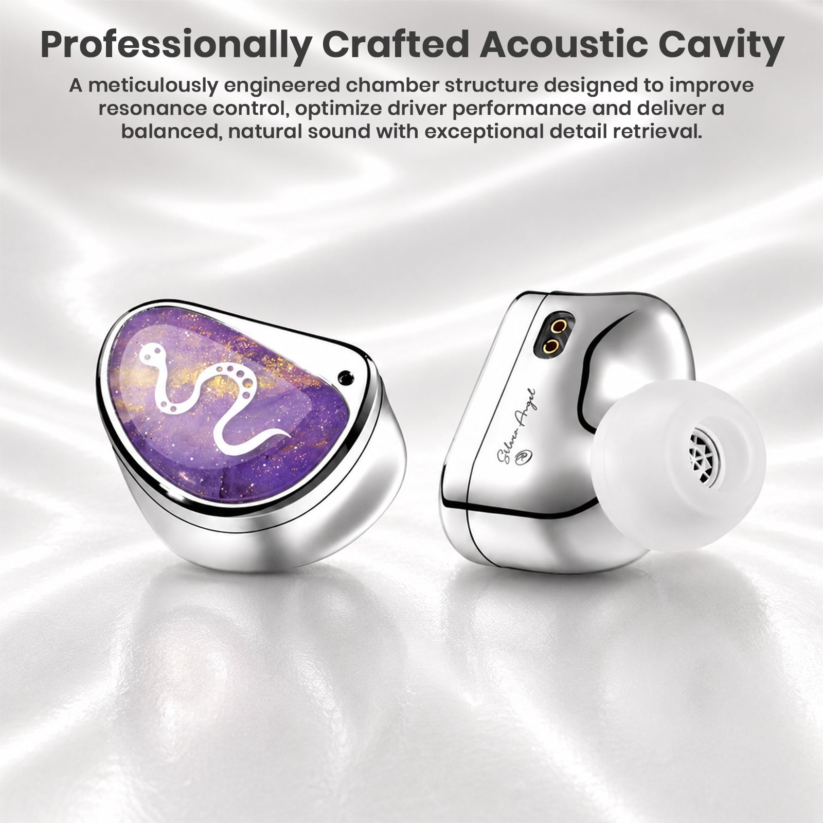 White and black snake-inspired design in-ear monitors with glossy finish