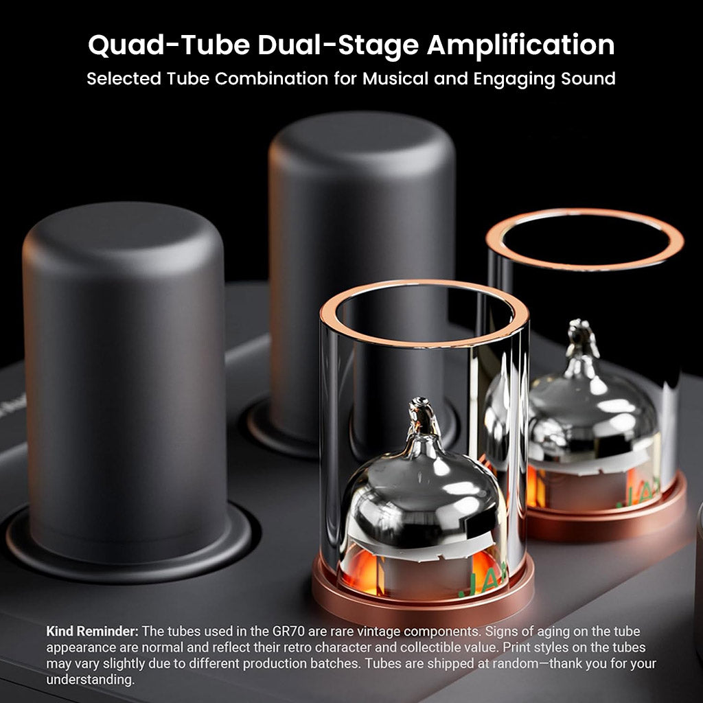 Close-up of Fosi Audio GR70's quad-tube dual-stage amplification, highlighting vintage vacuum tubes for rich audio output.