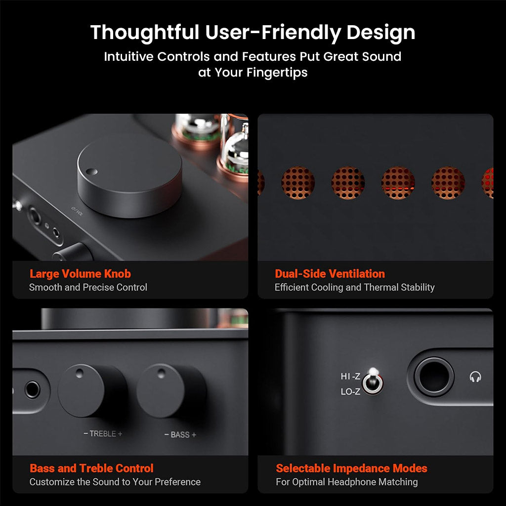 Fosi Audio GR70 Tube Amplifier features user-friendly controls including volume, bass, treble, and impedance switch.