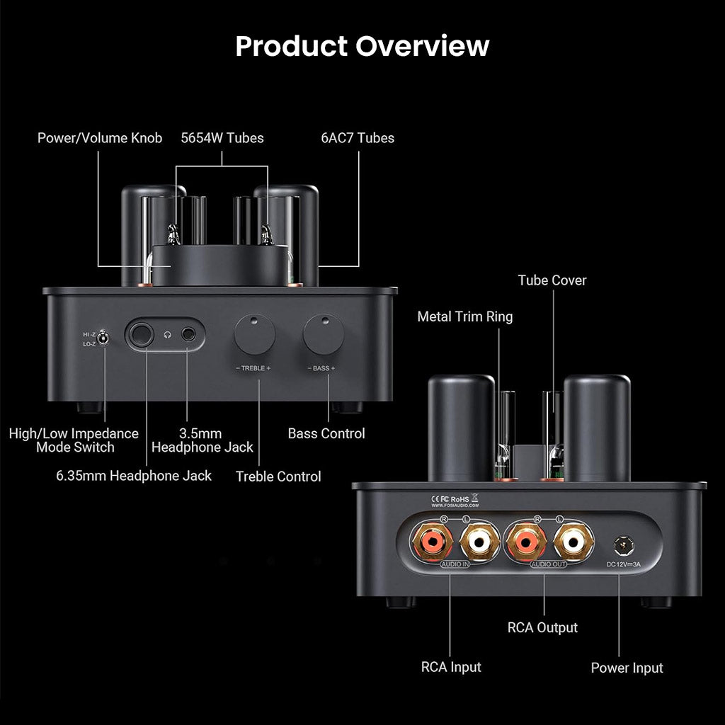 Fosi Audio GR70 rear and front panel overview with RCA input/output, headphone jack, and control knobs labeled.