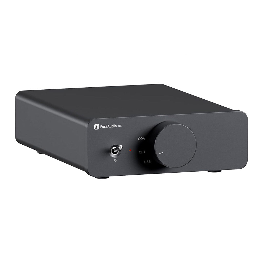 Fosi Audio Q6 DAC - Compact desktop audiophile DAC with USB-C, optical, and coaxial input, featuring a sleek aluminum-alloy design.