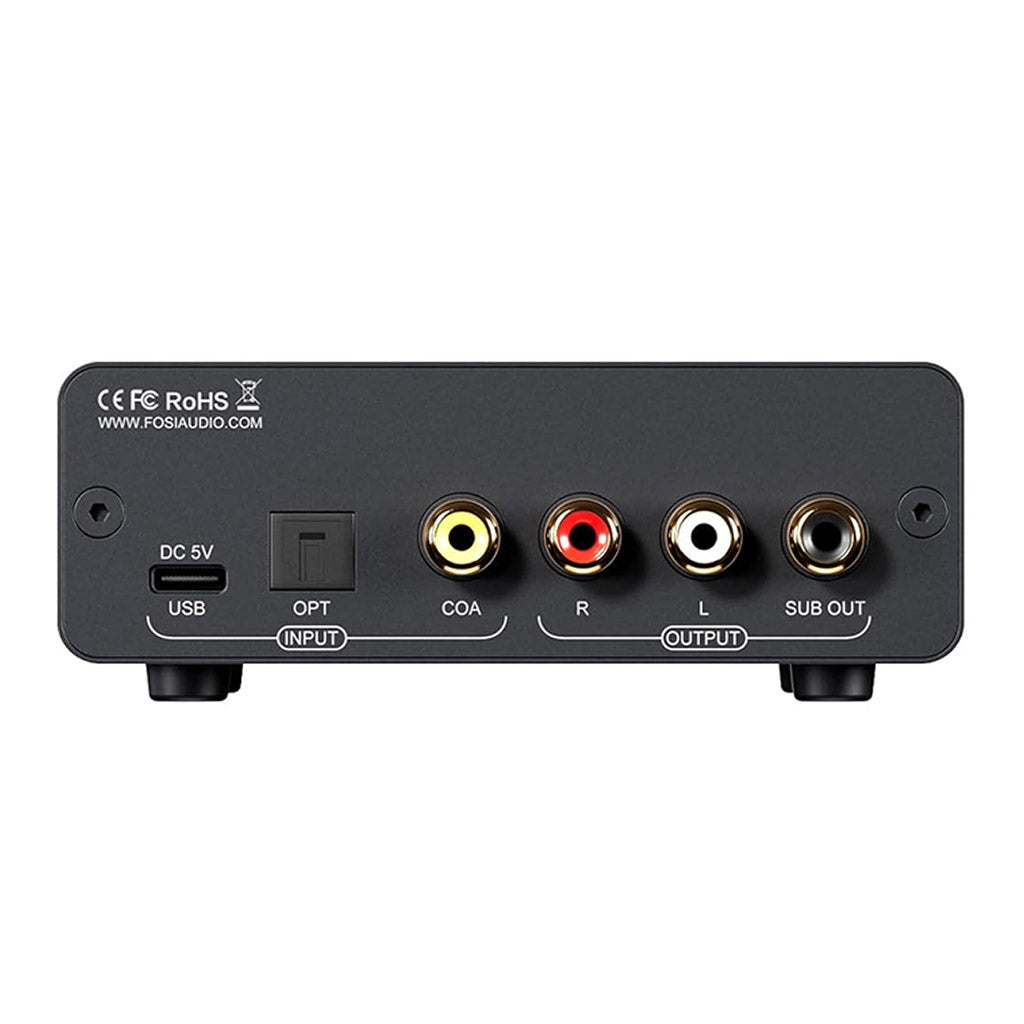 Rear panel of Fosi Audio Q6 DAC showing USB, optical, coaxial inputs, and RCA, subwoofer outputs for versatile audio connectivity.