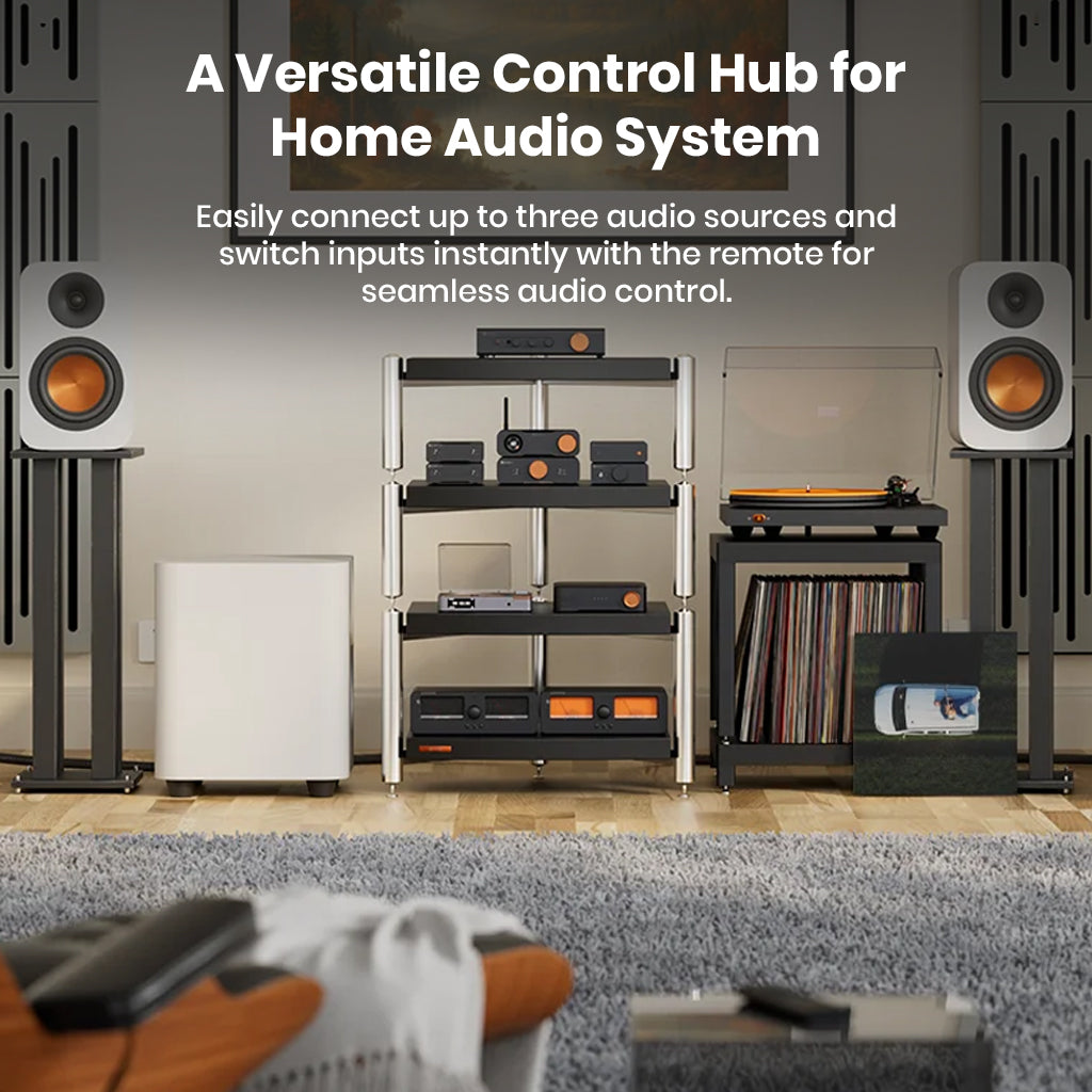 Fosi Audio ZP3 preamp in a modern home audio setup with multiple components, showcasing its versatility as a central control hub.