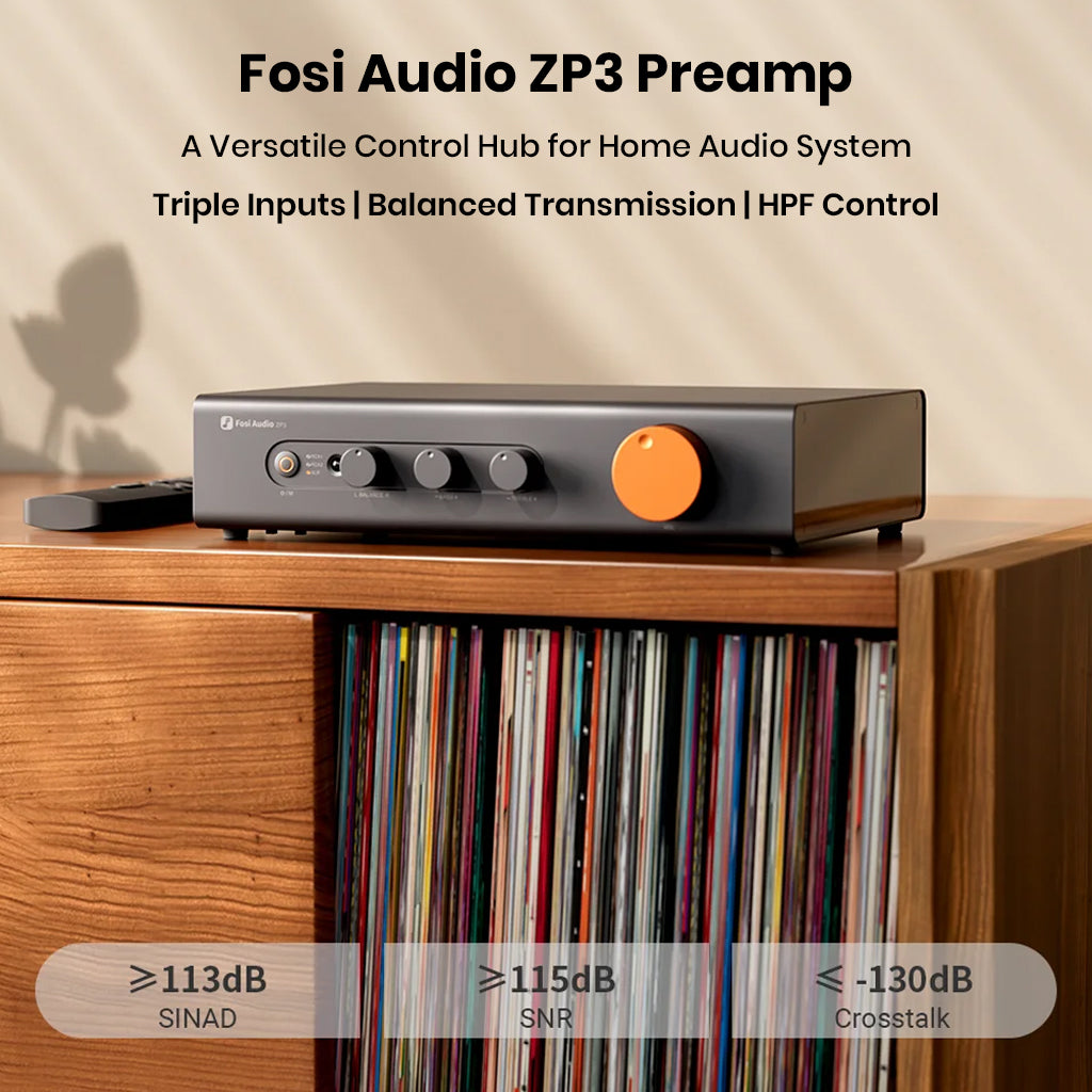 Fosi Audio ZP3 preamp placed on a wooden shelf with vinyl records, highlighting its role as a versatile control hub with balanced transmission and HPF control.