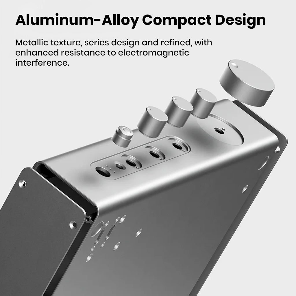 Bottom view of Fosi Audio ZP3 showing compact aluminum-alloy build for durability and electromagnetic interference resistance in audio setups.