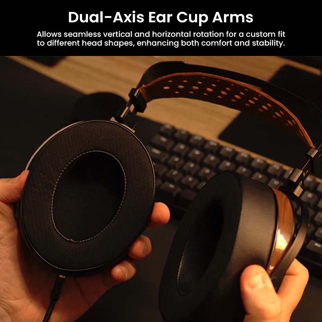 Hands adjusting dual-axis ear cup arms on Fosi Audio i5 headphones for customized fit and enhanced comfort.