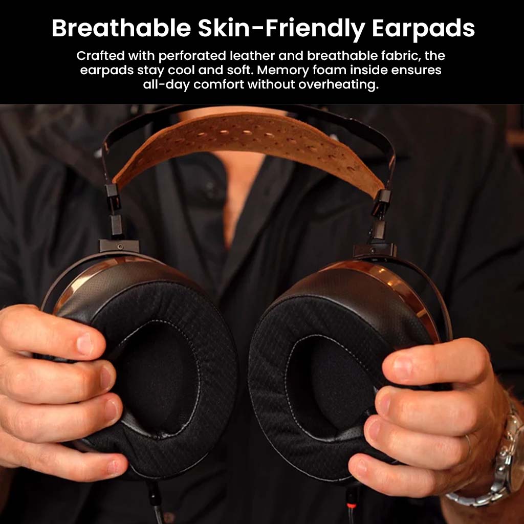 Fosi Audio i5 headphones with breathable, skin-friendly earpads made of perforated leather and memory foam for all-day wear.