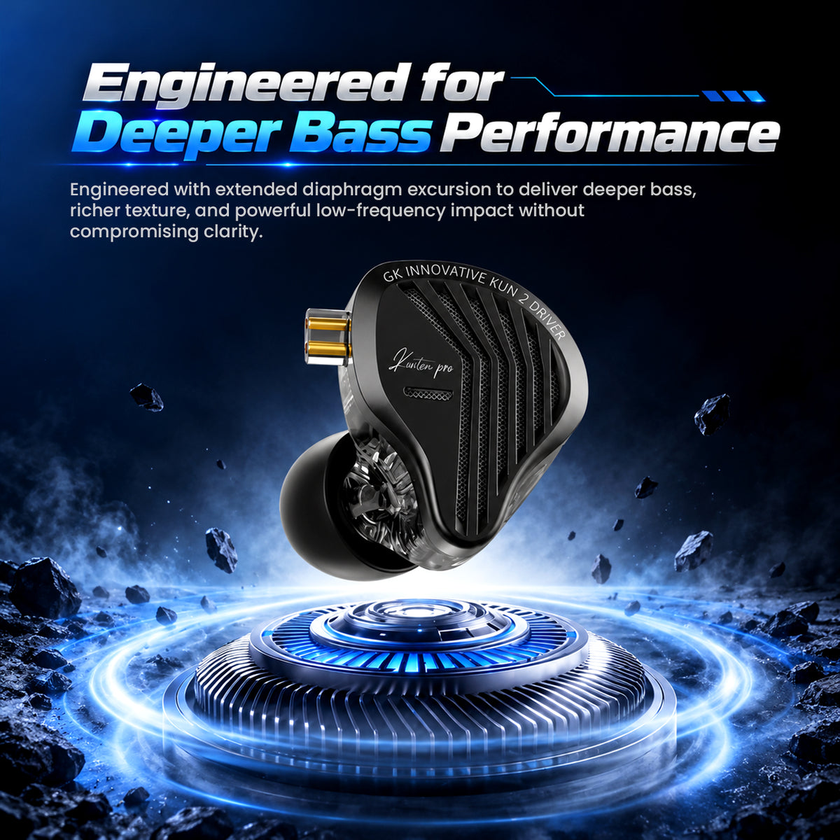 Black and gold in-ear monitor with dynamic driver technology, engineered for deeper bass and clear sound, on a futuristic blue background.