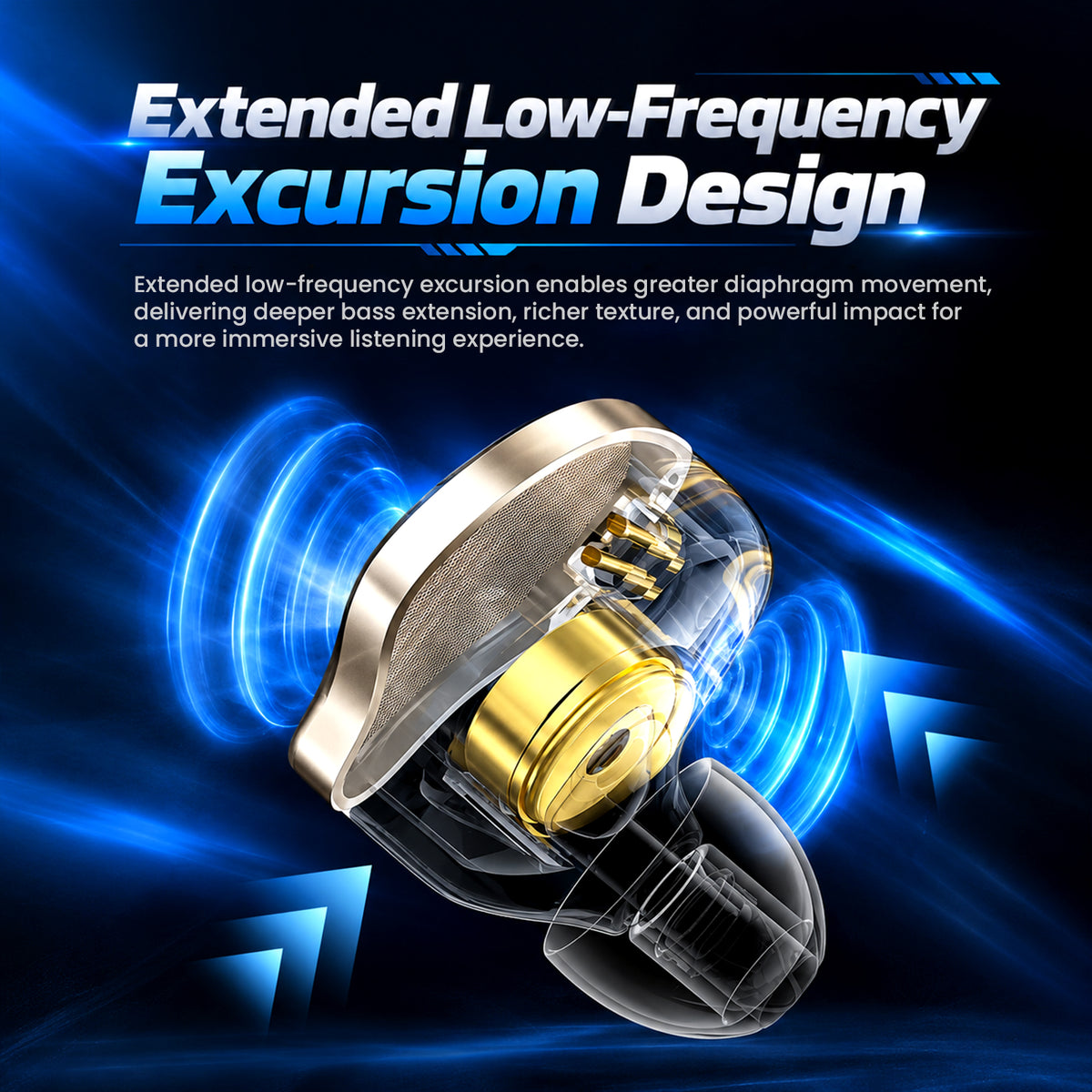 Headphones with ergonomic design and premium shell, providing all-day comfort, set against a sleek, tech-inspired blue backdrop.