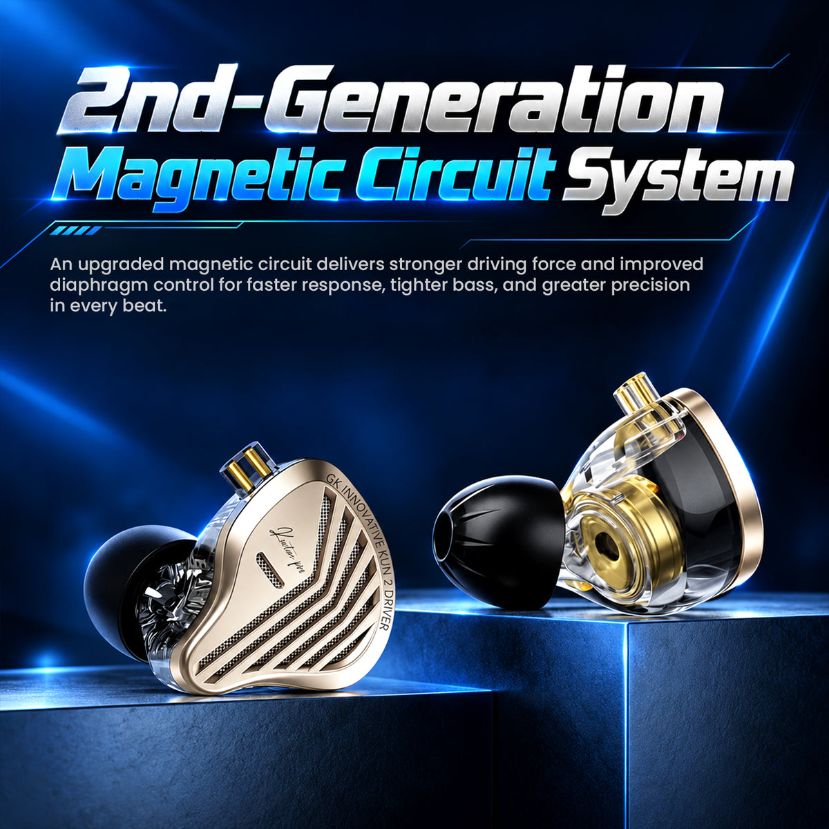 Promotional graphic featuring second-generation magnetic circuit system and precision diaphragm control for powerful, accurate sound.
