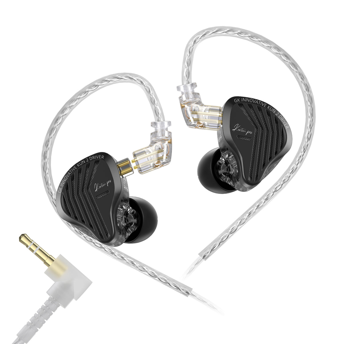 Black GK KUNTEN Pro 2nd Generation in-ear monitor with dynamic driver, clear detachable cable, and sleek design for professional audio