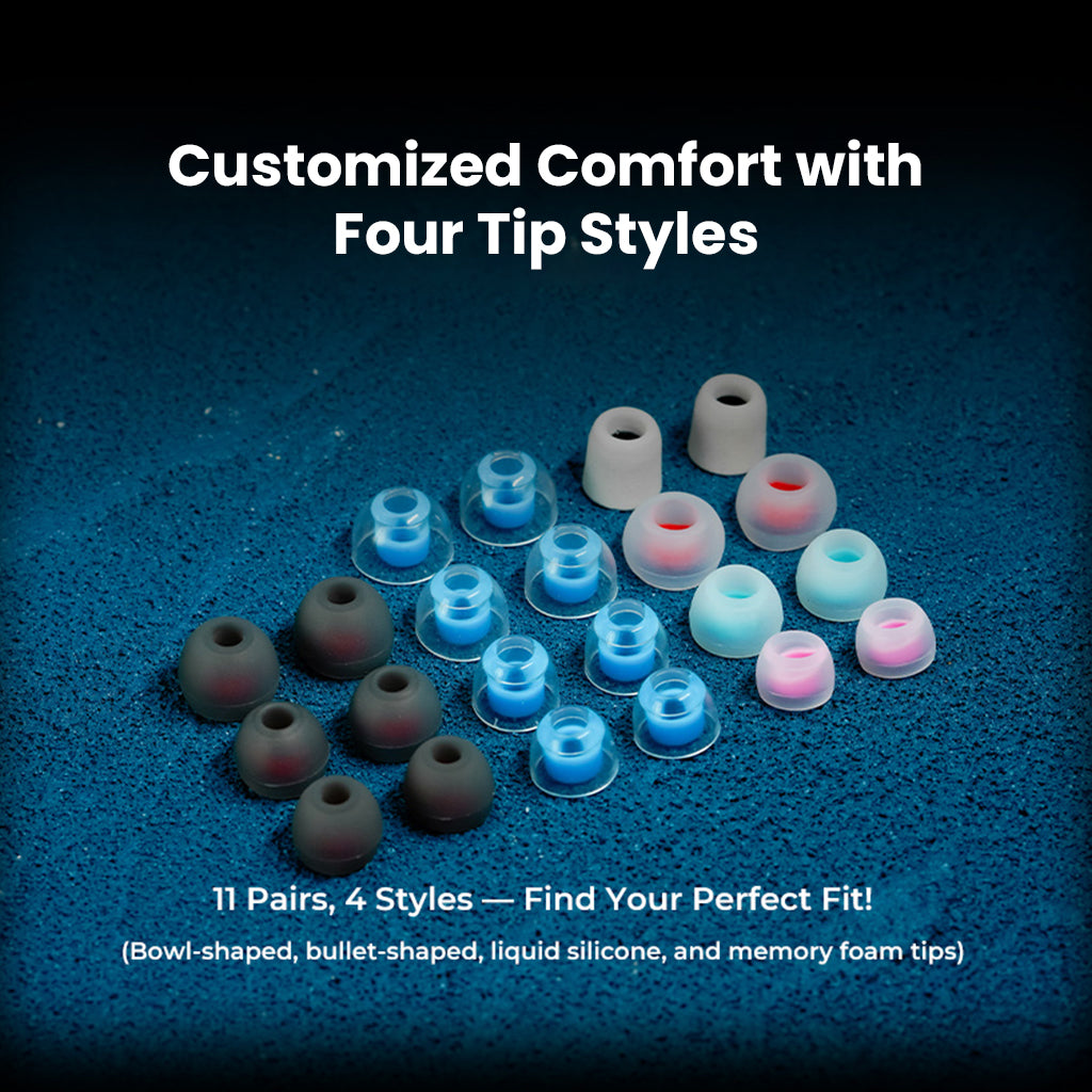 JUZEAR Harrier IEM ear tips in 11 pairs and 4 styles including memory foam and silicone for customized comfort and fit.