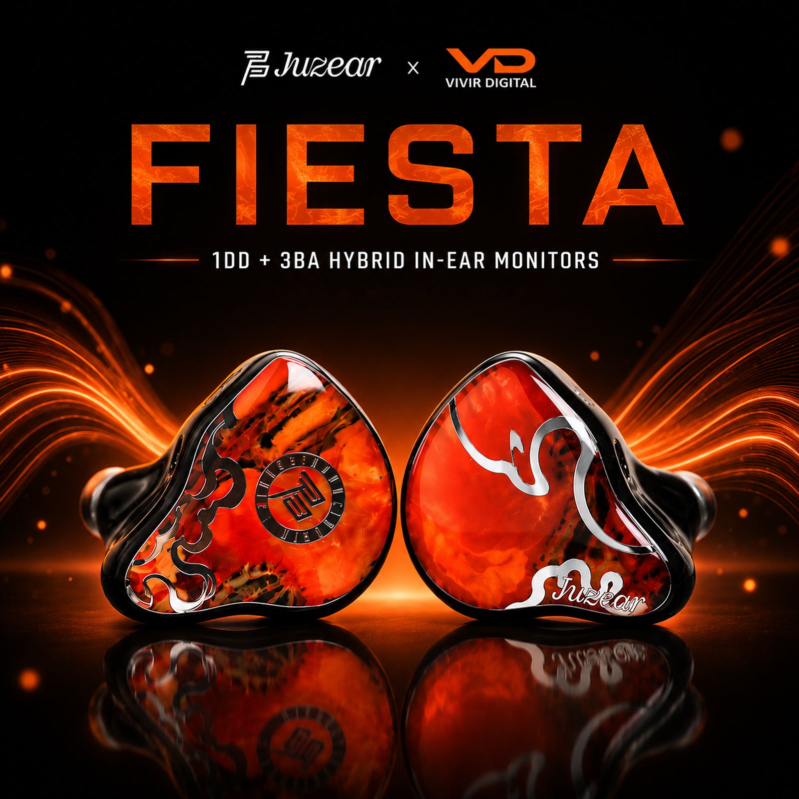 Black in-ear monitors with orange accents and branding, displayed against a black background with orange light effects.
