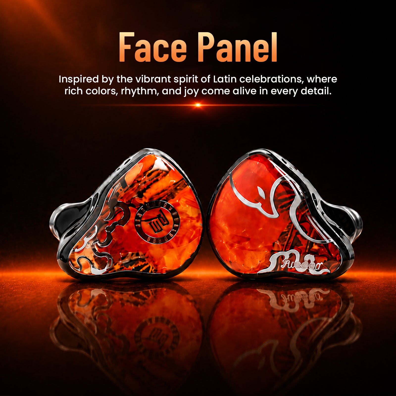 Exploded view of in-ear monitor components, including drivers and face panel, with fiery orange and black design elements.