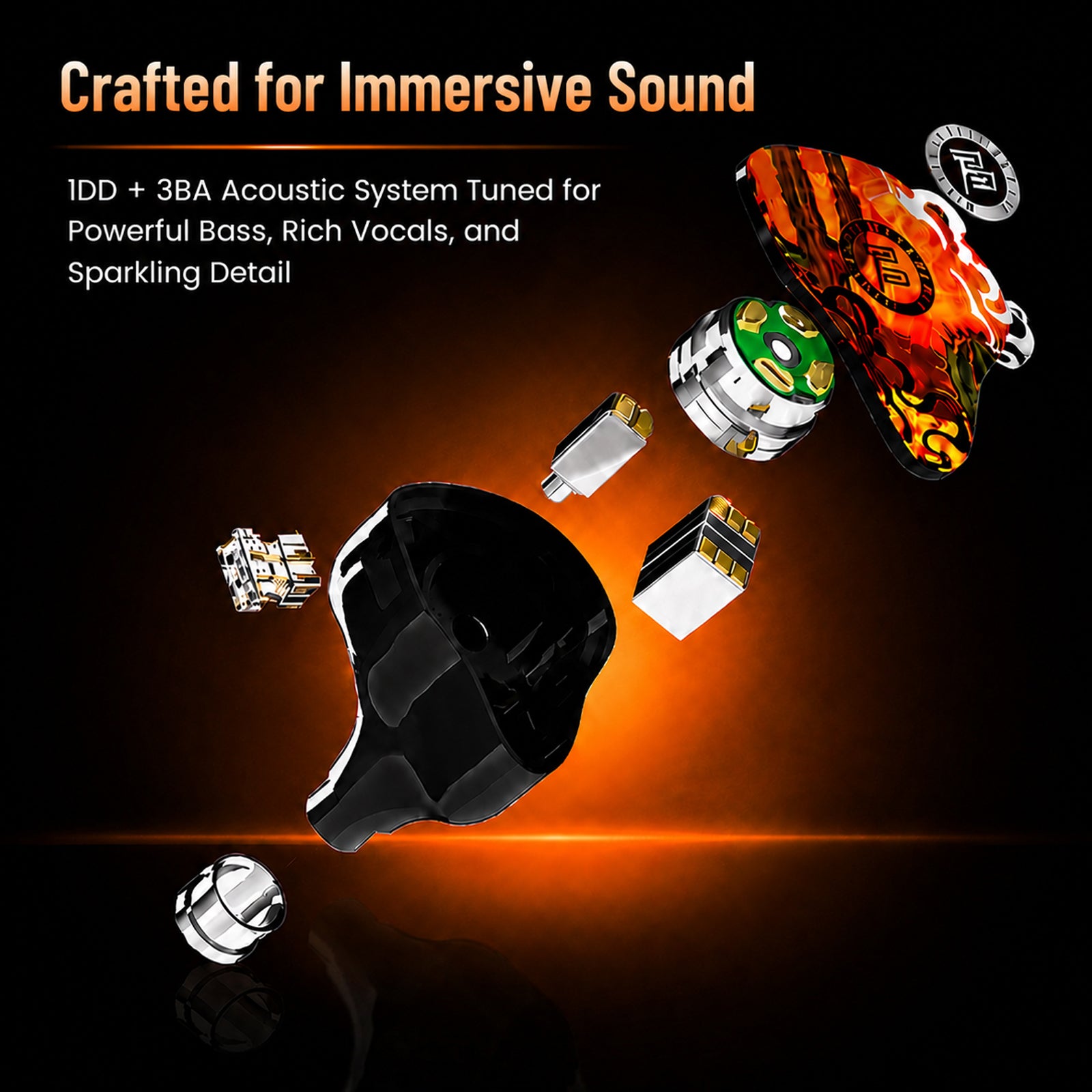 Dynamic image of in-ear monitors with fiery orange and black design, emphasizing immersive sound and craftsmanship.