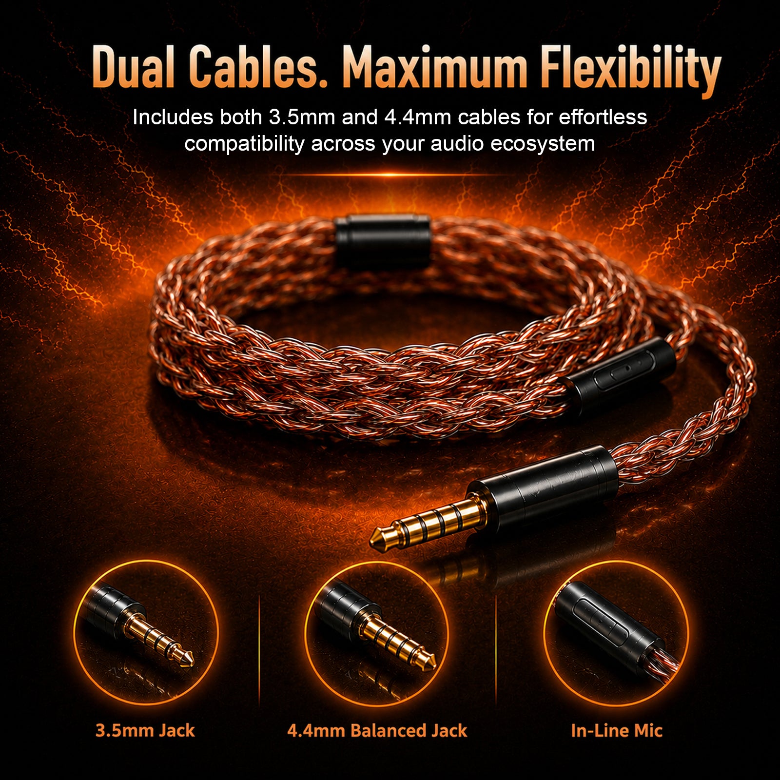 Close-up of a braided copper hybrid in-ear monitor cable with black connectors and a 3.5mm jack, emphasizing maximum flexibility and dual cables for audio compatibility.