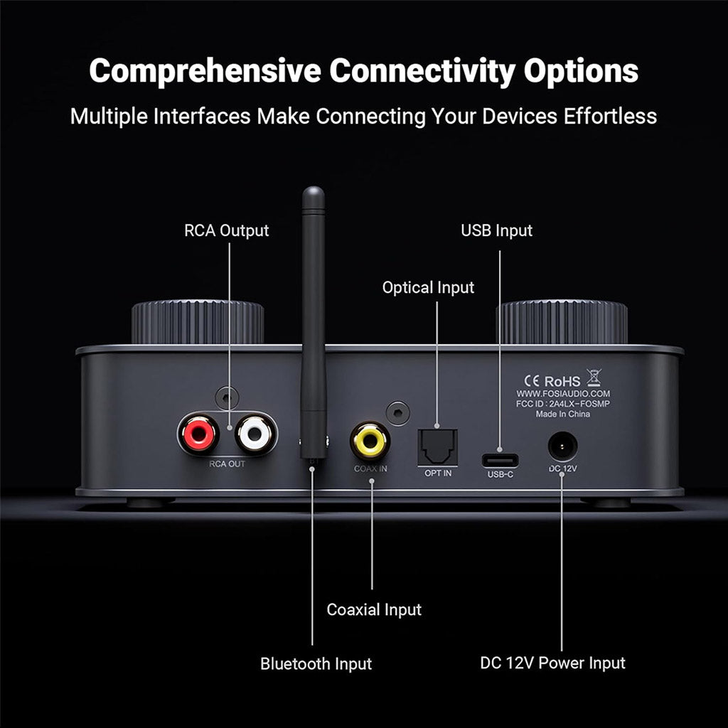 Rear panel of Fosi Audio K7 DAC Amp showing RCA, USB, optical, coaxial, and Bluetooth inputs for versatile audio connectivity options.