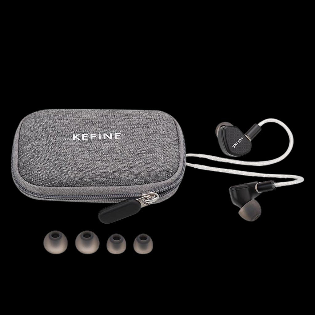 KEFINE Klean SV IEM with grey carrying case and multiple ear tip sizes for a secure and comfortable fit during extended listening sessions.