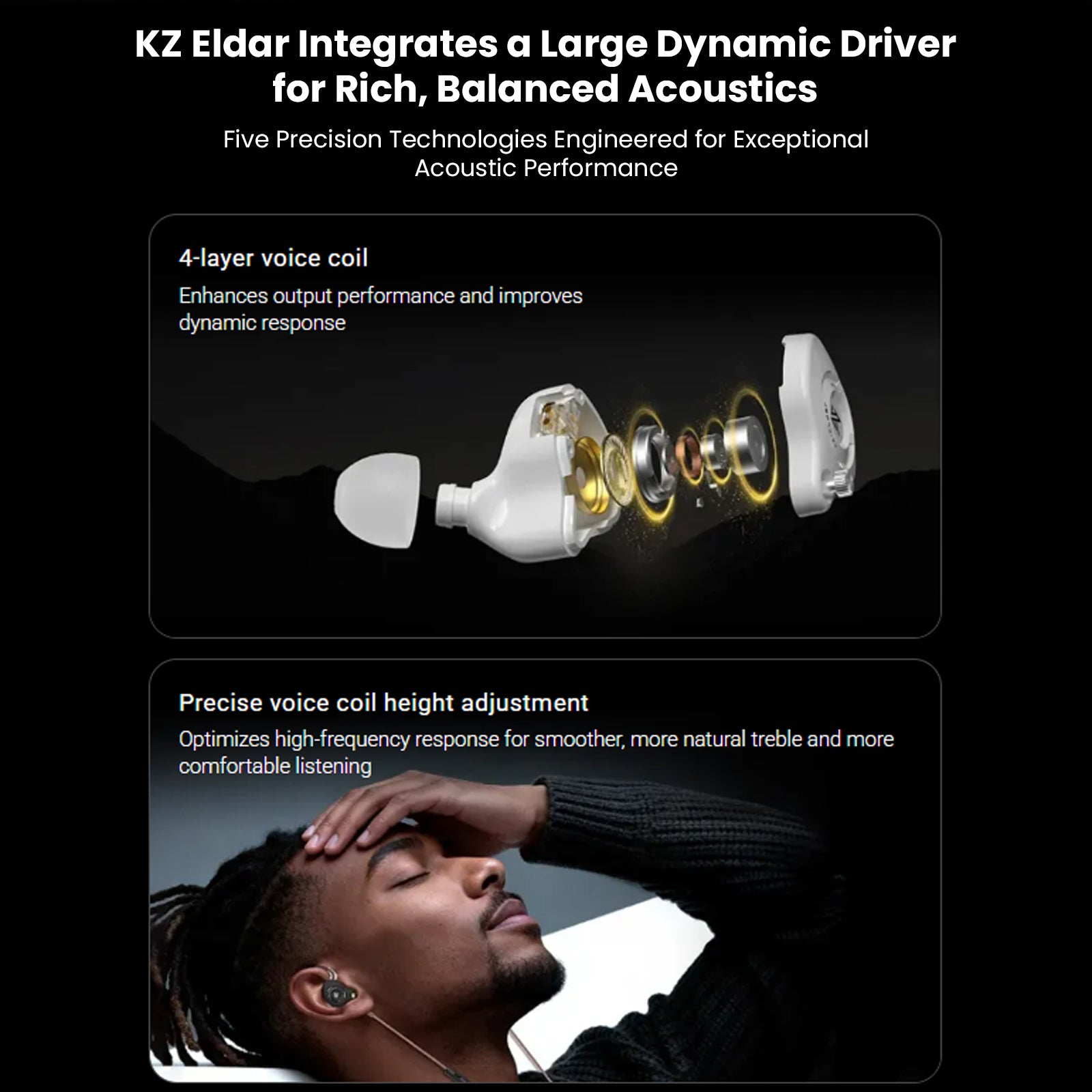 Person wearing KZ Eldar in-ear monitors with immersive sound experience