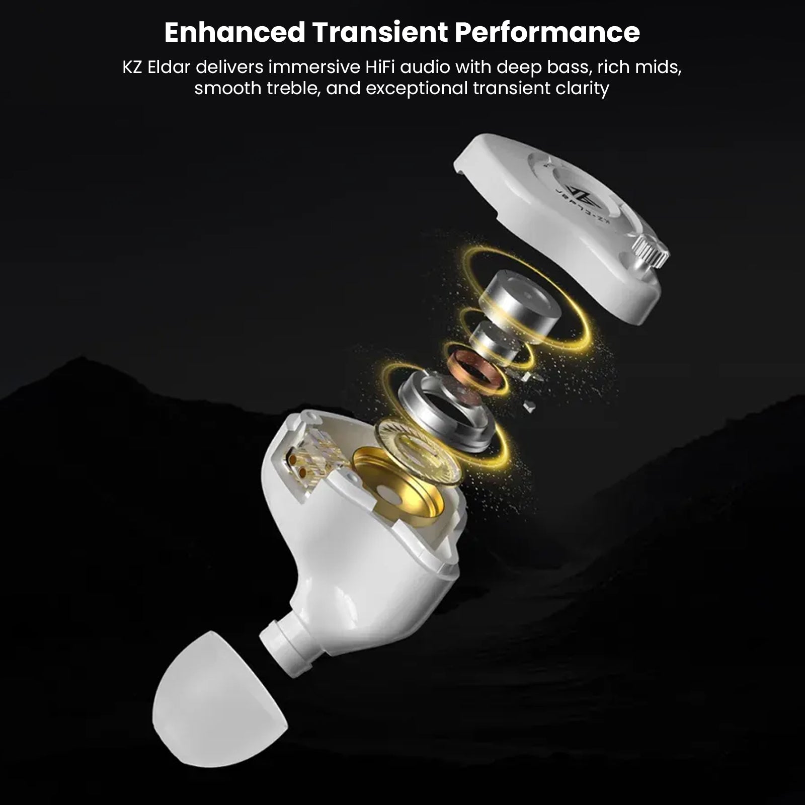 Exploded view of KZ Eldar earphone components showing internal drivers