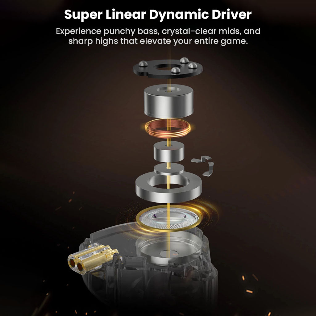 Exploded view of KZ - Gale Super Linear Dynamic Driver showcasing internal components for punchy bass and crystal-clear mids in gaming IEMs.