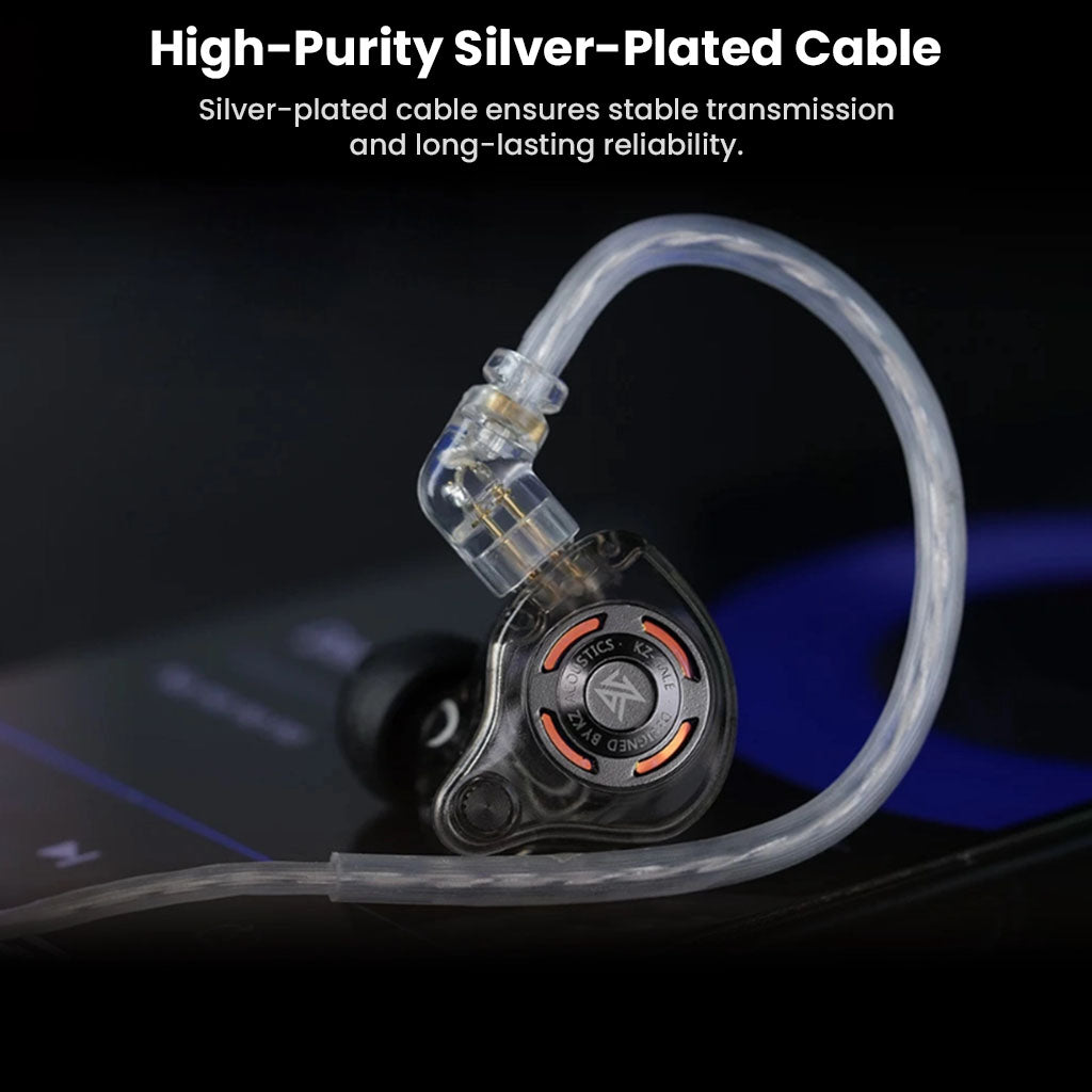 High-purity silver-plated cable on KZ - Gale Gaming IEMs ensures stable signal transmission and long-lasting durability.