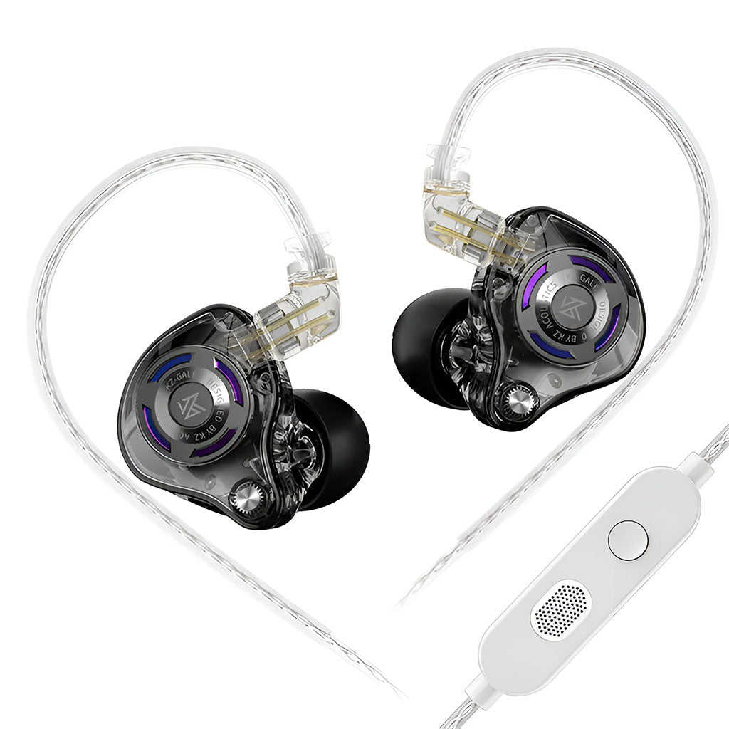 KZ - Gale Super Linear Dynamic Driver Gaming IEM with transparent housing and over-ear silver-plated cable for immersive audio gaming.