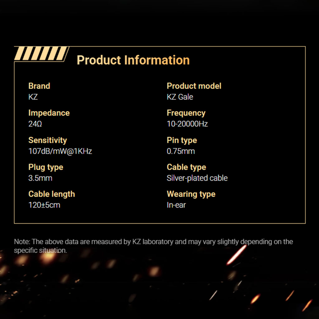 Product specifications of KZ - Gale Gaming IEMs including impedance, frequency range, sensitivity, cable type, and plug type.