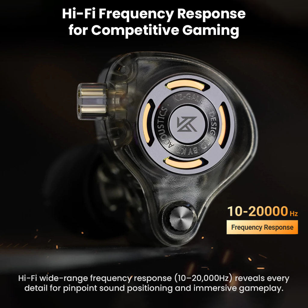 Close-up of KZ - Gale IEM highlighting Hi-Fi frequency response from 10Hz to 20kHz for competitive gaming sound accuracy.