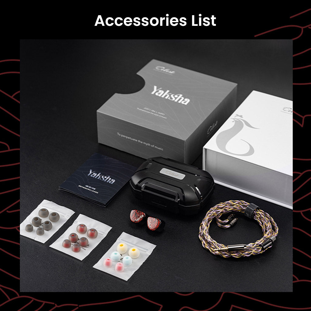 Full accessories list of Kinera Celest Yaksha Hybrid IEM including ear tips, braided cable, storage case, and packaging for audiophiles.