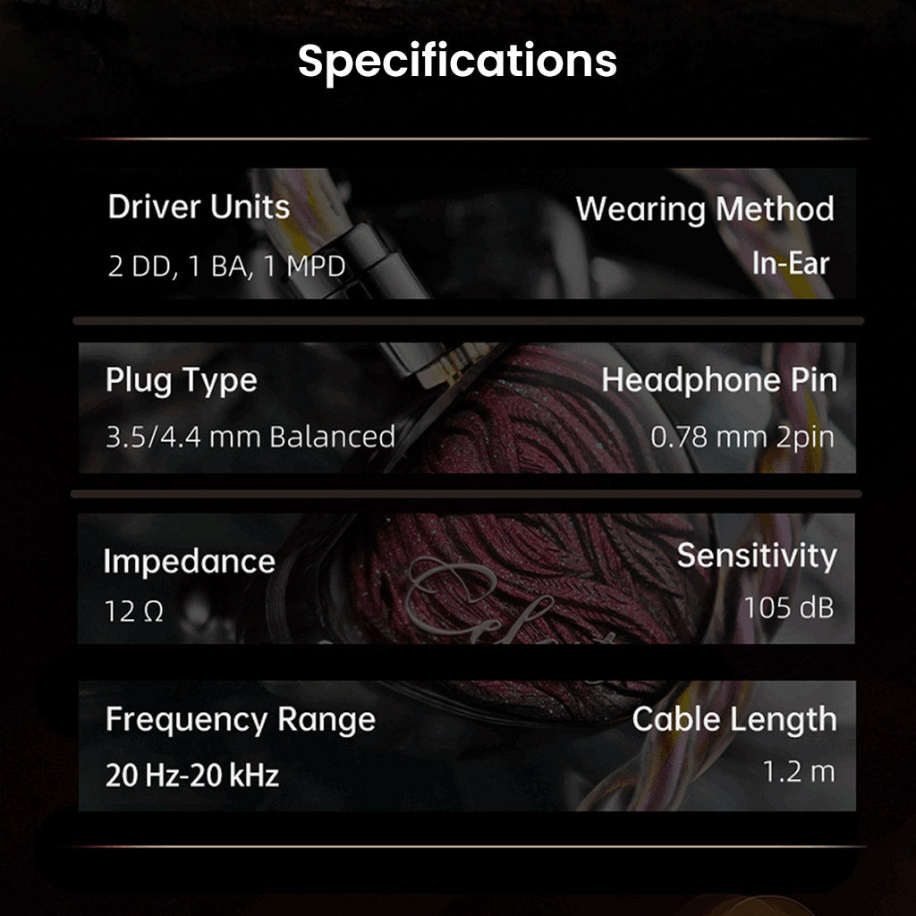 Specifications of Kinera Celest Yaksha Hybrid IEM including quad driver setup, 12Ω impedance, 105dB sensitivity, and 20Hz–20kHz range.