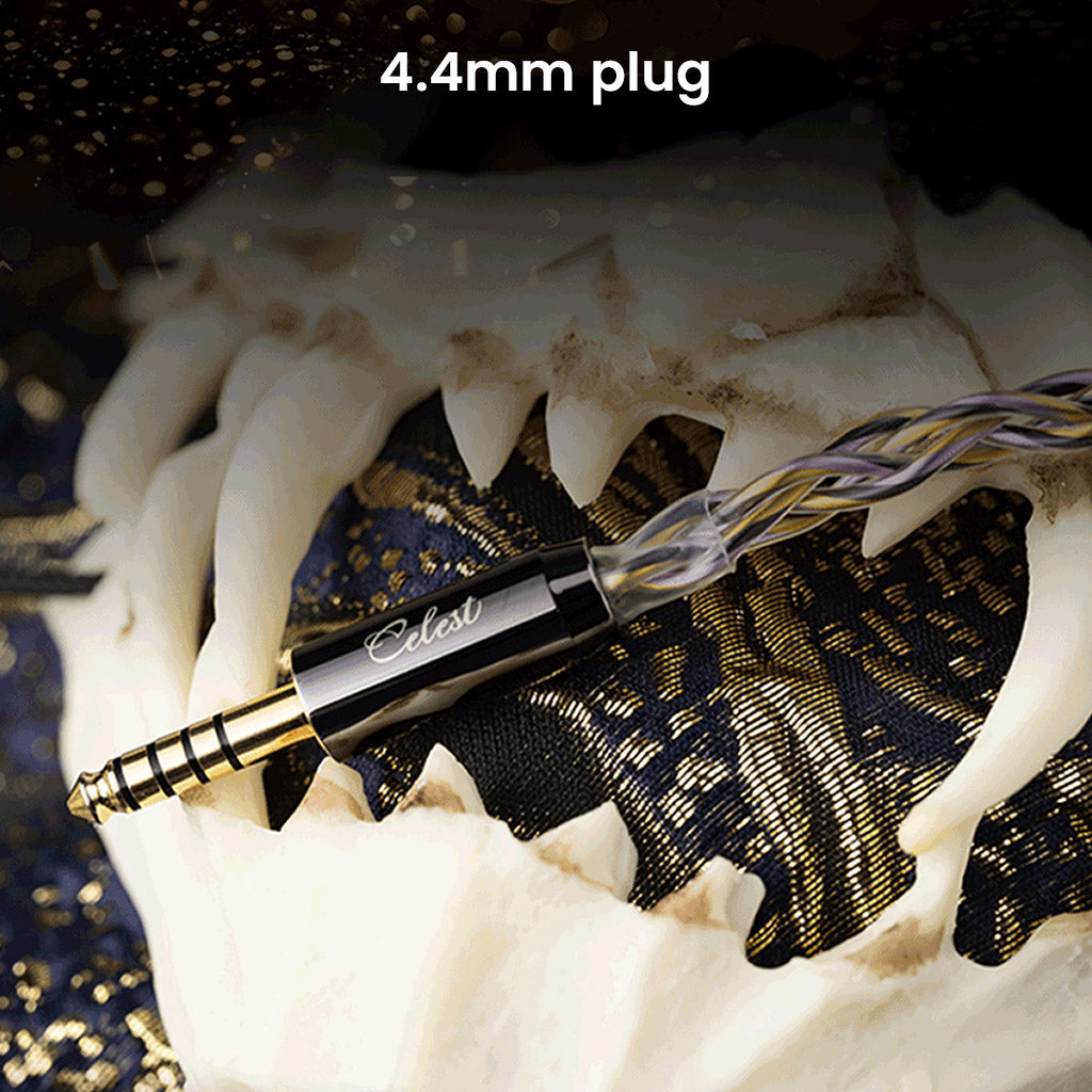 Close-up of 4.4mm balanced plug of Kinera Celest Yaksha IEM cable, designed for high-fidelity audio connections and durability.