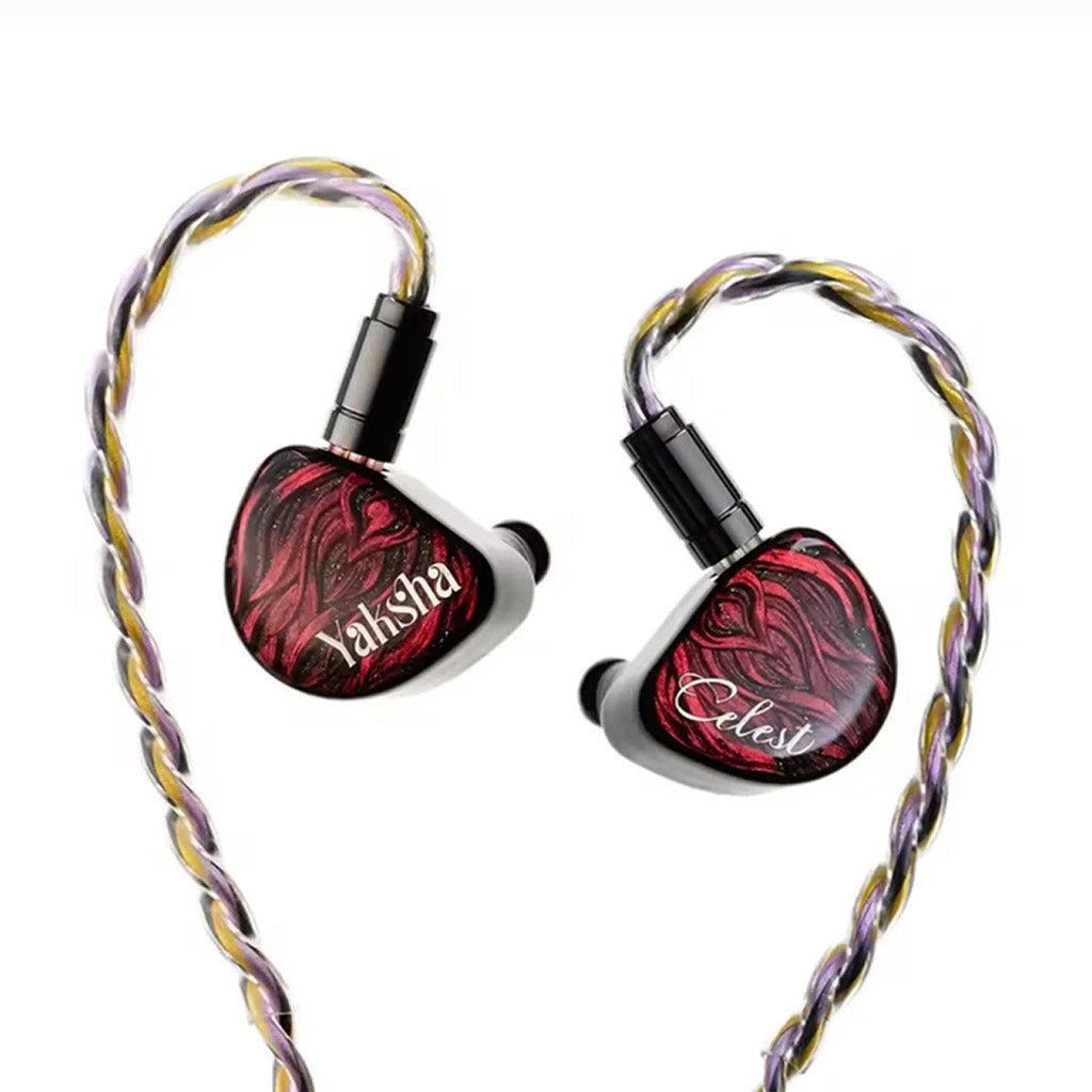 Kinera Celest Yaksha Hybrid IEM with red artistic faceplates and braided cable, featuring quad driver setup for HiFi audio performance.