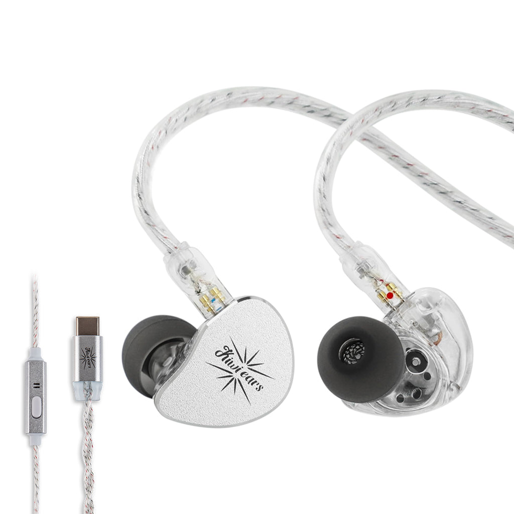 Silver KiwiEars Belle IEM with USB-C cable and mic, offering high-resolution audio and modern connectivity for mobile devices.