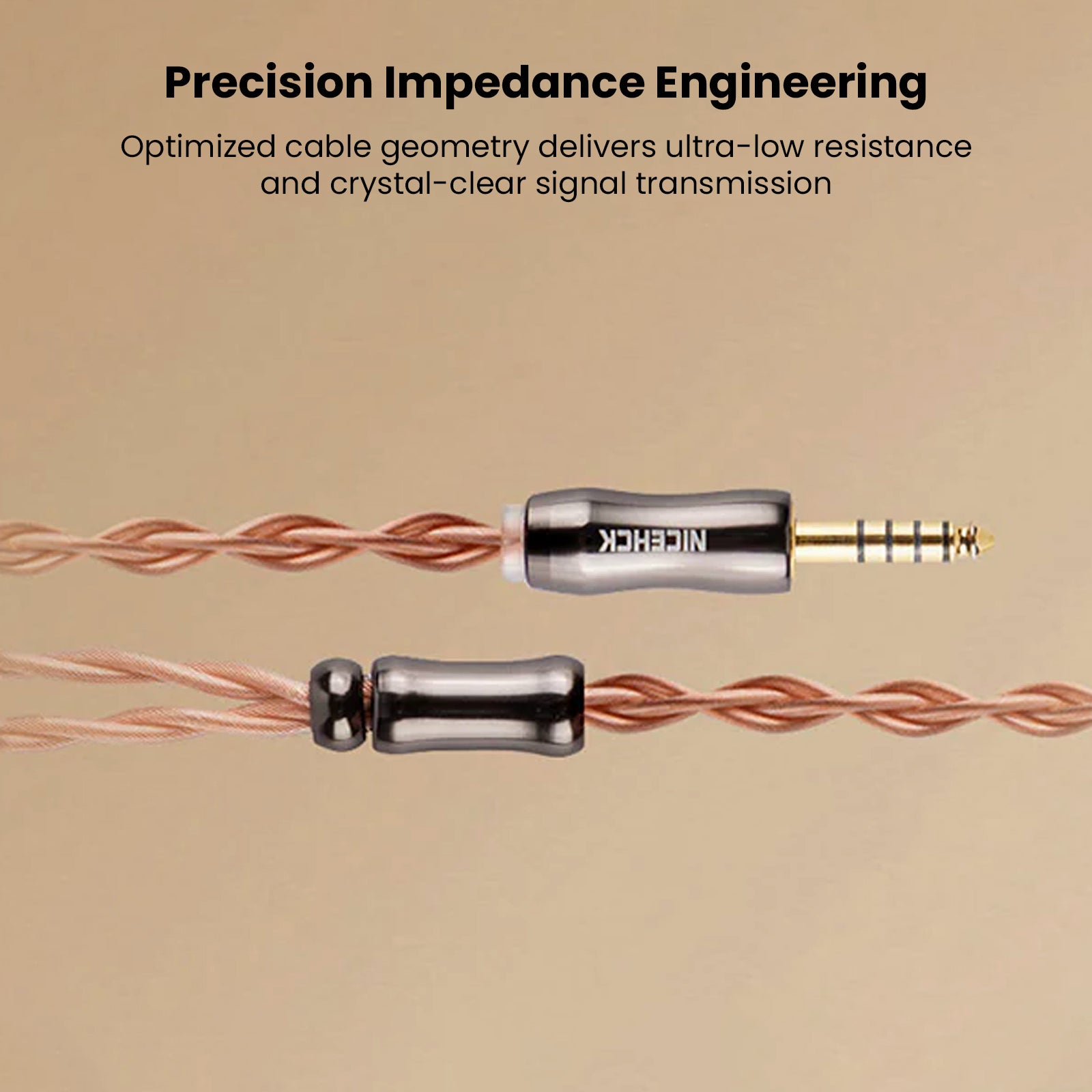 Close-up of copper IEM cable with text about sound quality