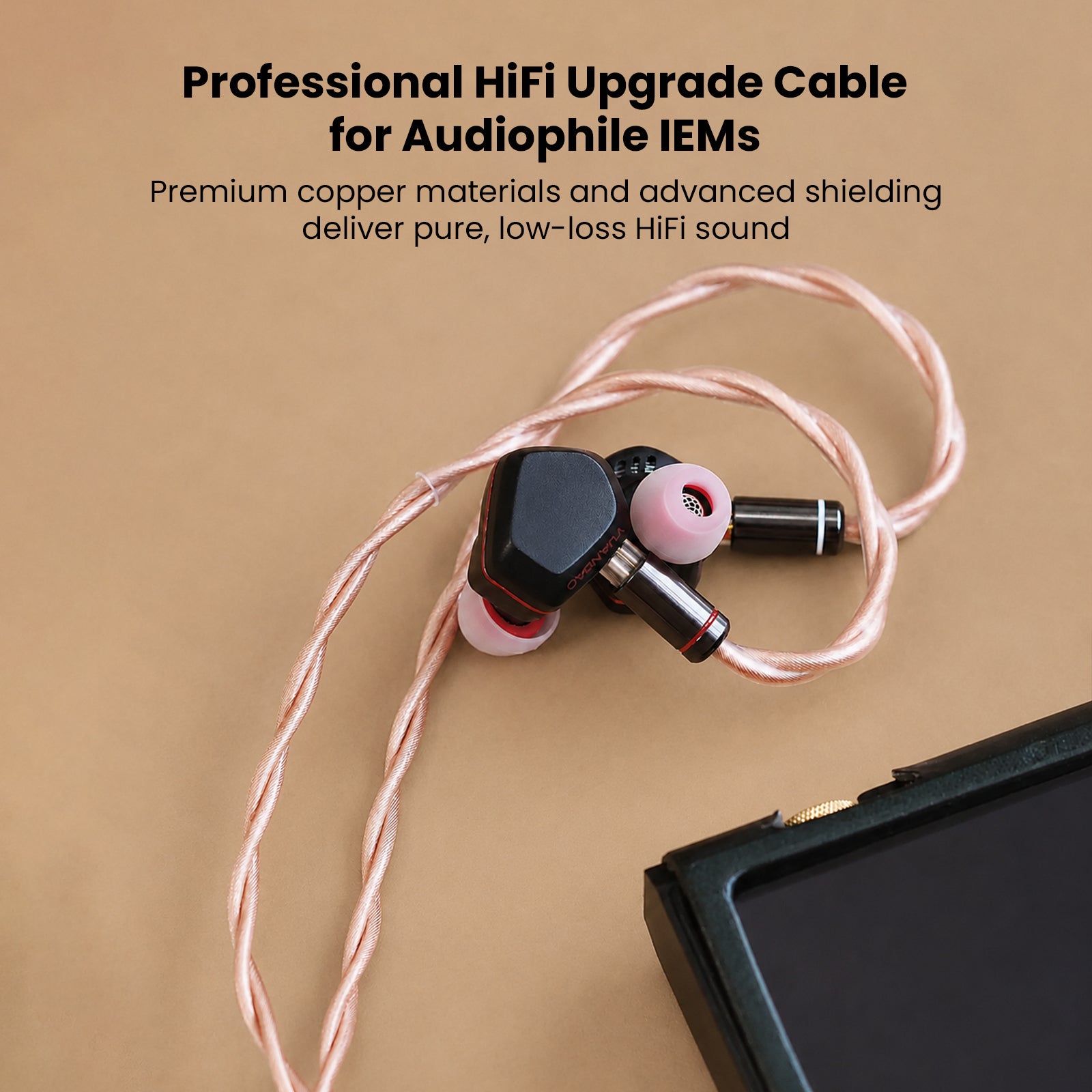 Copper audio cable with pink connectors and braided design for IEM