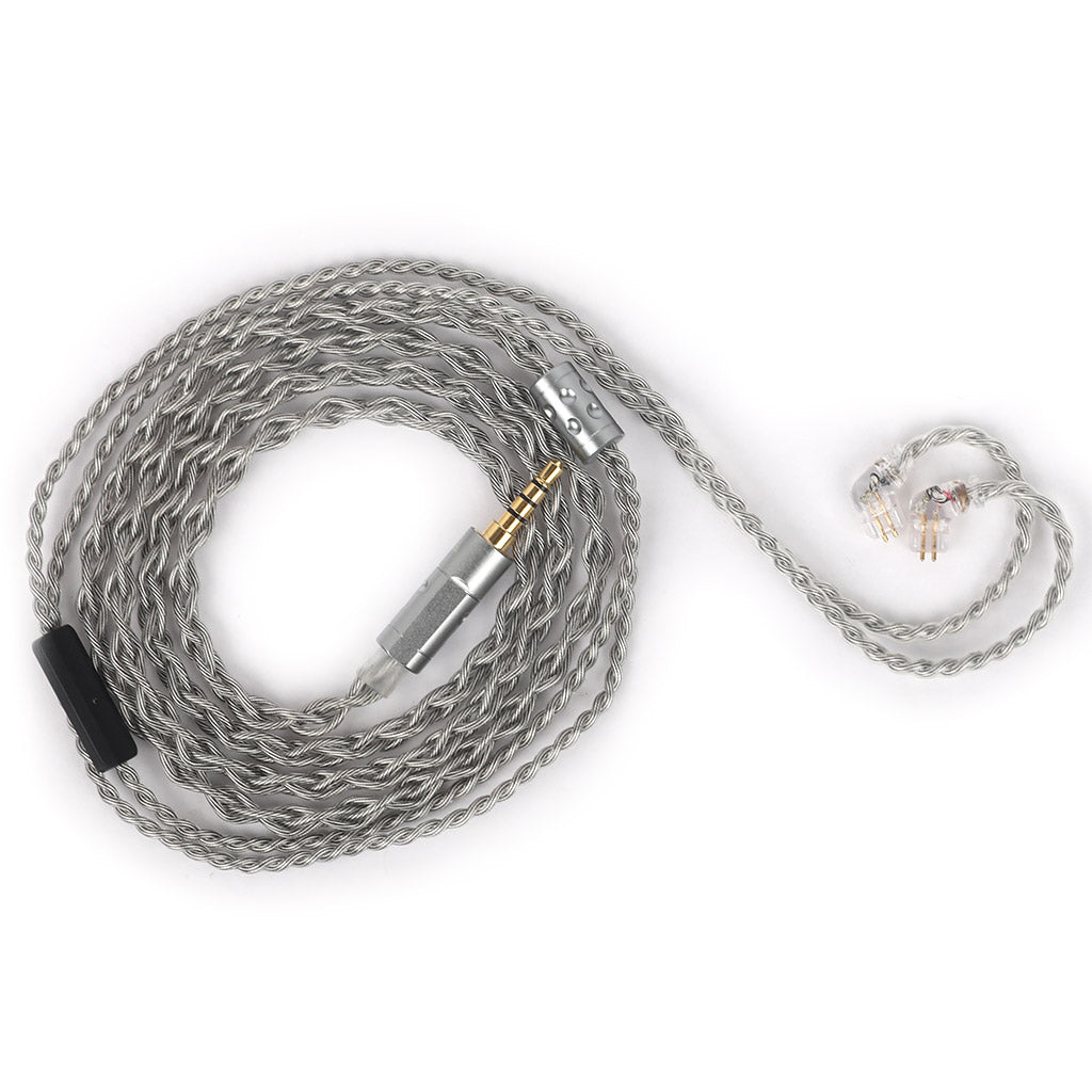 Top view of OKZ - T7 Premium 4-Core Upgrade Cable for IEM, coiled neatly with visible 2-pin connectors and built-in microphone.