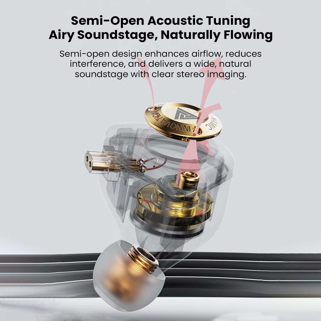 Semi-open acoustic tuning in QKZ Enzo Pro IEM enhances airflow and stereo imaging for a natural, airy soundstage.
