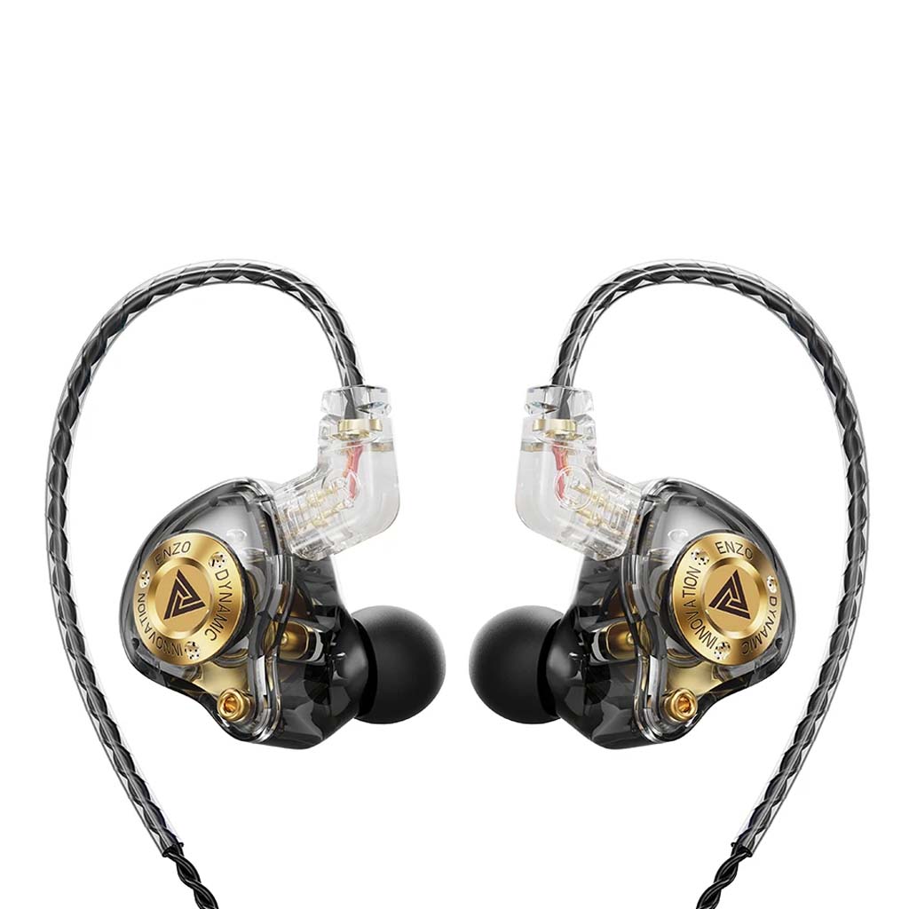 QKZ Enzo Pro IEM with 11mm dynamic driver and gold detailing, featuring ergonomic design and detachable braided cable for high-res audio.