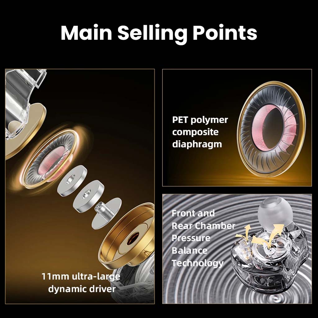 Main selling points of QKZ Enzo Pro IEM highlighting PET diaphragm, 11mm driver, and pressure balance technology.