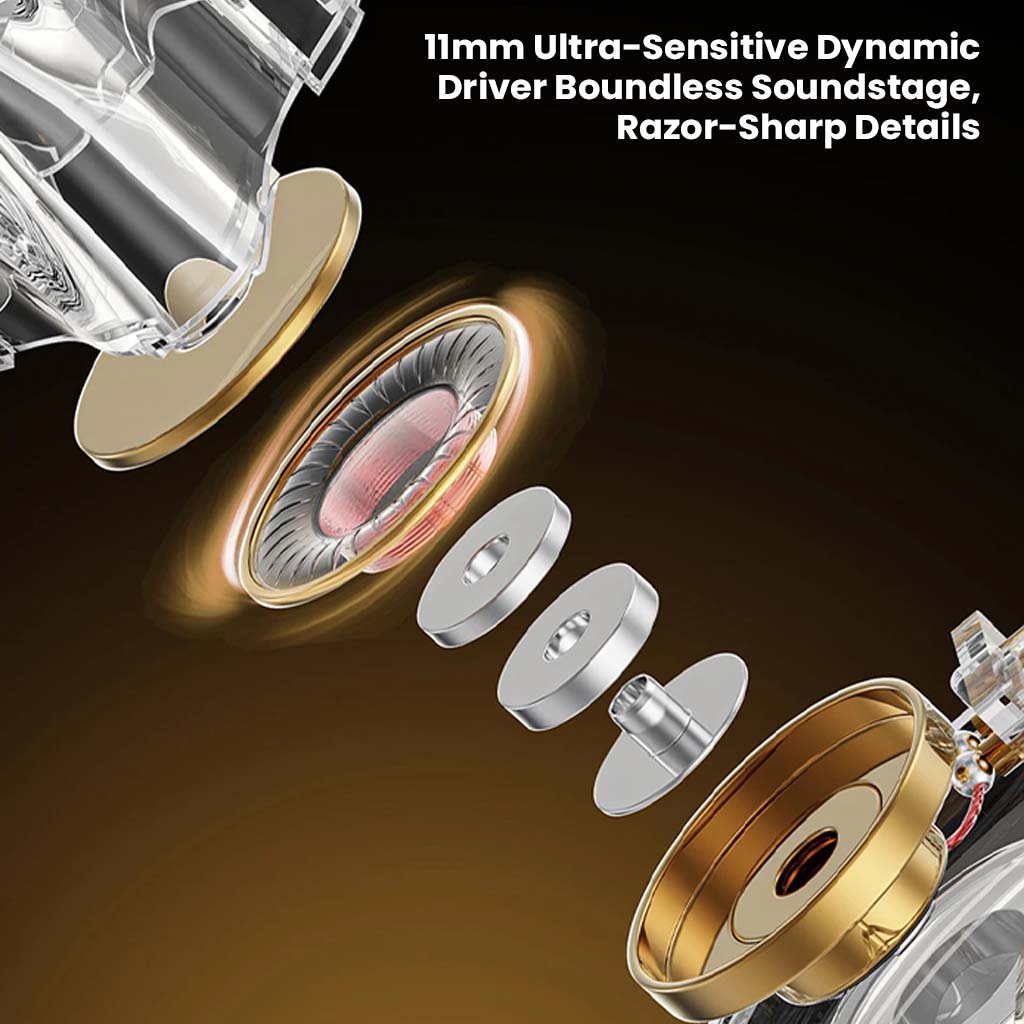 Exploded view of QKZ Enzo Pro's 11mm ultra-sensitive dynamic driver showcasing detailed soundstage and component structure.